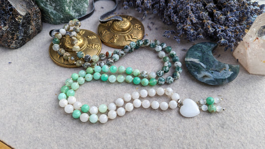 Moonstone, Moss Agate & Chrysoprase Mala with a white jade Heart pendant, 108 Beads Mala, Reiki-Infused Meditation Beads, Yoga Gift for Mum