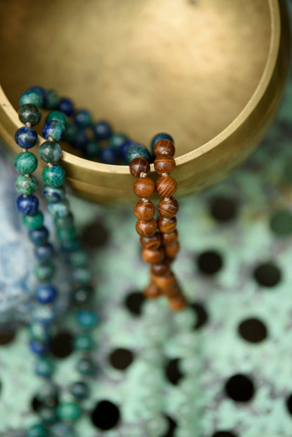Azurite Aventurine Sandalwood Mala, Meditation Beads, Third Eye Mala