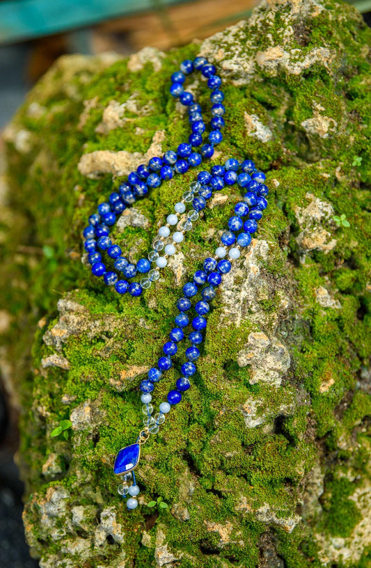 Lapis Lazuli, Angelite & Clear Quartz mala, Japa Mala, 108 Prayer Beads, Yoga Meditation Beads, Meditation Mala, Gift for Yoga Lovers