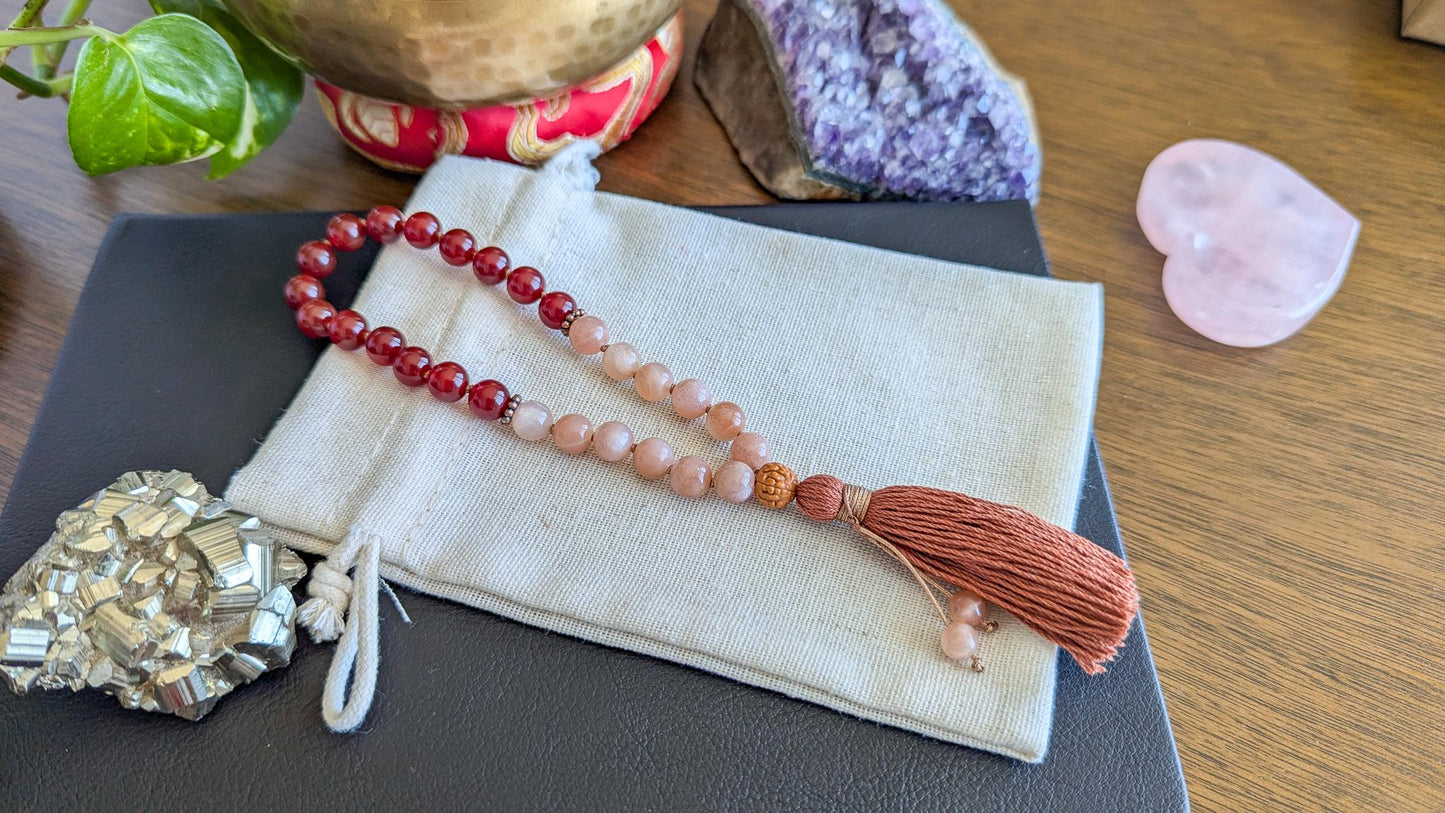 Carnelian & Peach Moonstone 108-Bead Mala  Ignite Passion, Creativity, and Inner Strength, 108 Japa Mala for Meditation and Yoga