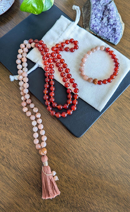 Carnelian & Peach Moonstone 108-Bead Mala  Ignite Passion, Creativity, and Inner Strength, 108 Japa Mala for Meditation and Yoga