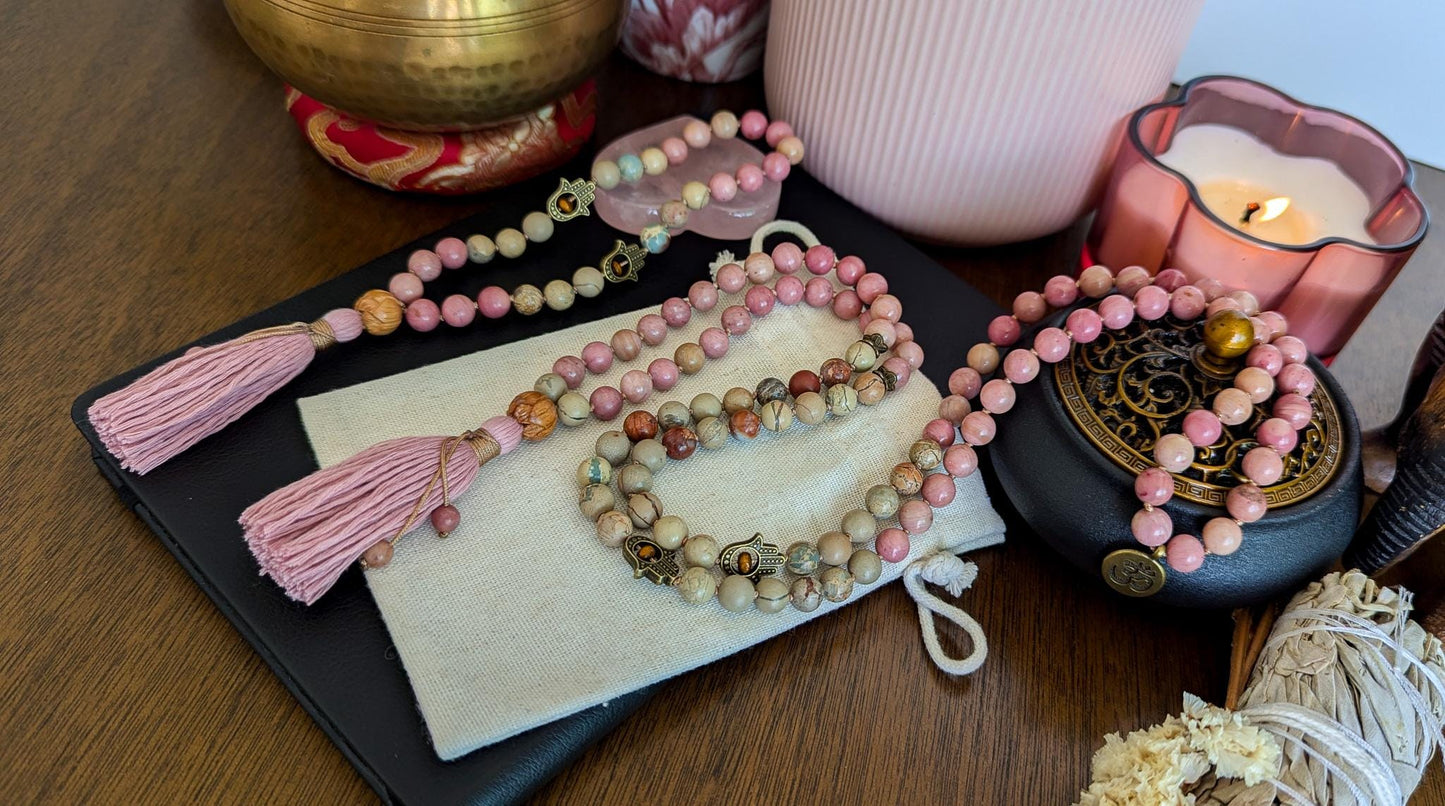 Healing Love Mala, Rhodochrosite & Serpentine 108 Bead Mala  Reiki Infused Healing Necklace for Meditation and Energy Balance