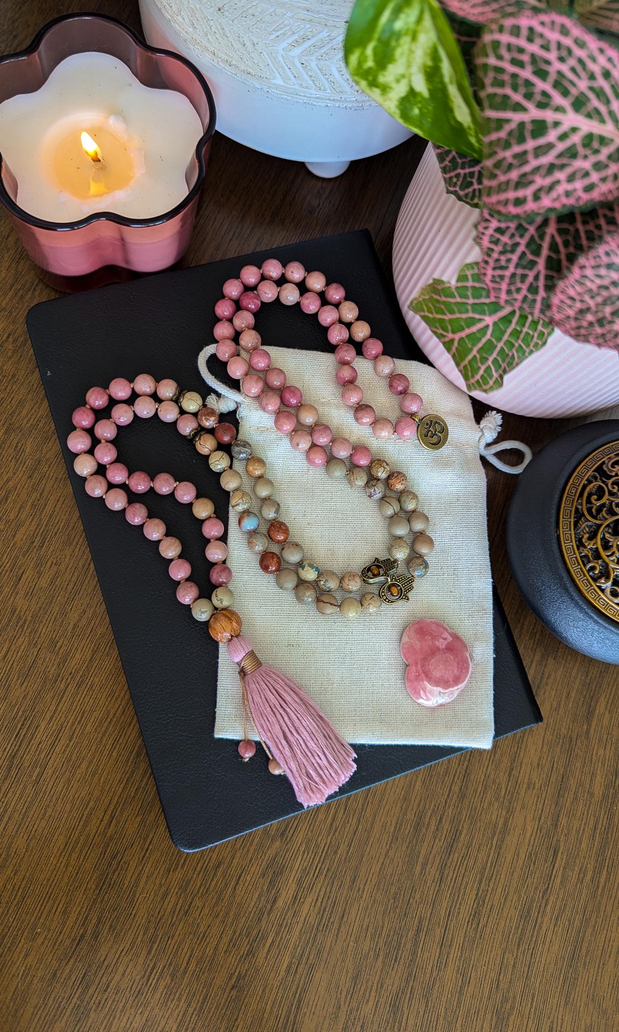 Healing Love Mala, Rhodochrosite & Serpentine 108 Bead Mala  Reiki Infused Healing Necklace for Meditation and Energy Balance