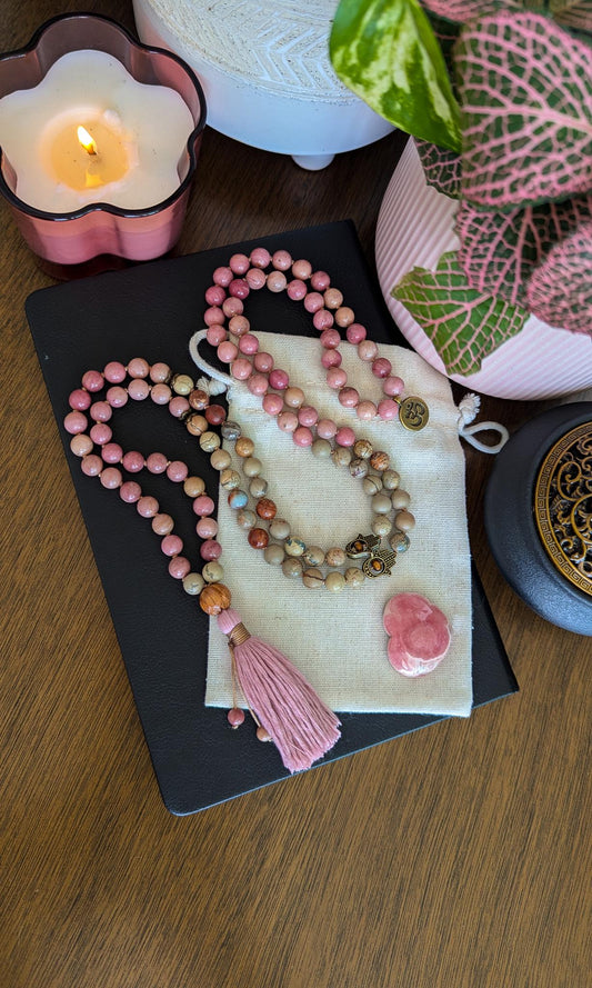 Healing Love Mala, Rhodochrosite & Serpentine 108 Bead Mala  Reiki Infused Healing Necklace for Meditation and Energy Balance