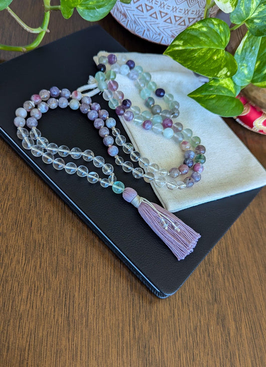 MASTER HEALER MALA, Fluorite, Pink Tourmaline & Clear Quartz Mala  108 Beads for Clarity, Love, and Spiritual Balance
