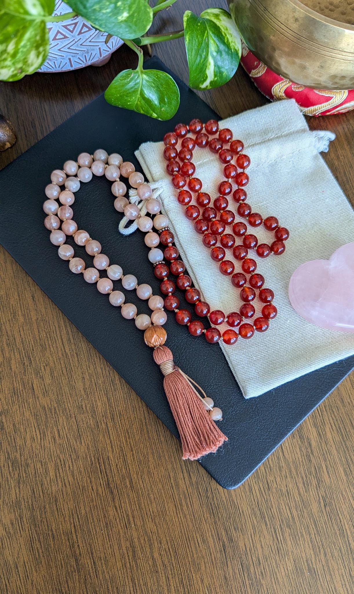 Carnelian & Peach Moonstone 108-Bead Mala  Ignite Passion, Creativity, and Inner Strength, 108 Japa Mala for Meditation and Yoga