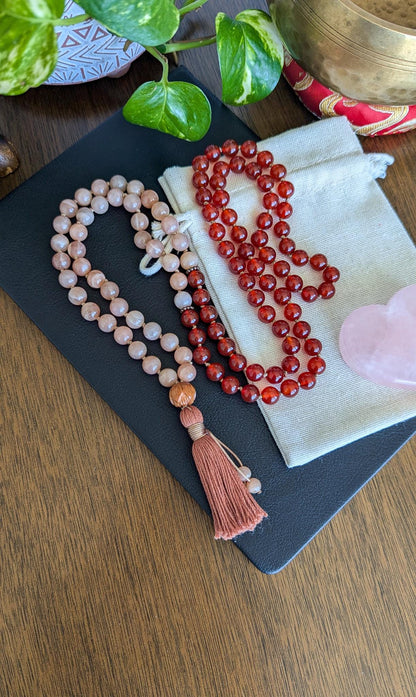 Carnelian & Peach Moonstone 108-Bead Mala  Ignite Passion, Creativity, and Inner Strength, 108 Japa Mala for Meditation and Yoga
