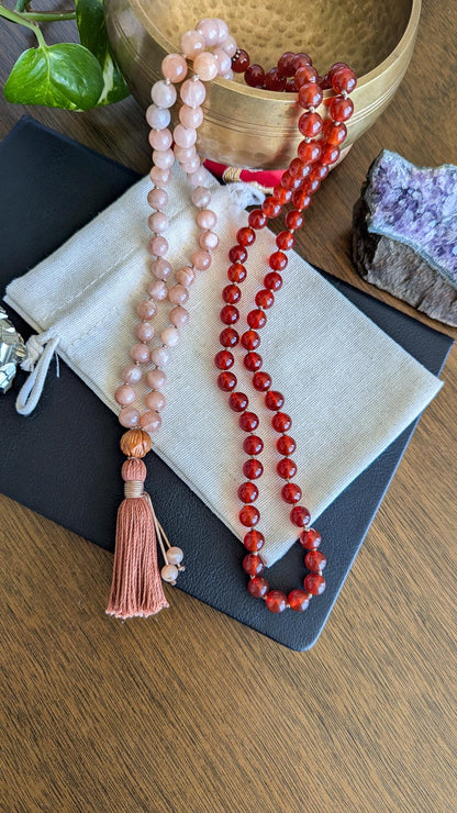Carnelian & Peach Moonstone 108-Bead Mala  Ignite Passion, Creativity, and Inner Strength, 108 Japa Mala for Meditation and Yoga