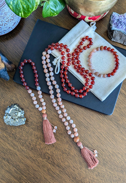Carnelian & Peach Moonstone 108-Bead Mala  Ignite Passion, Creativity, and Inner Strength, 108 Japa Mala for Meditation and Yoga