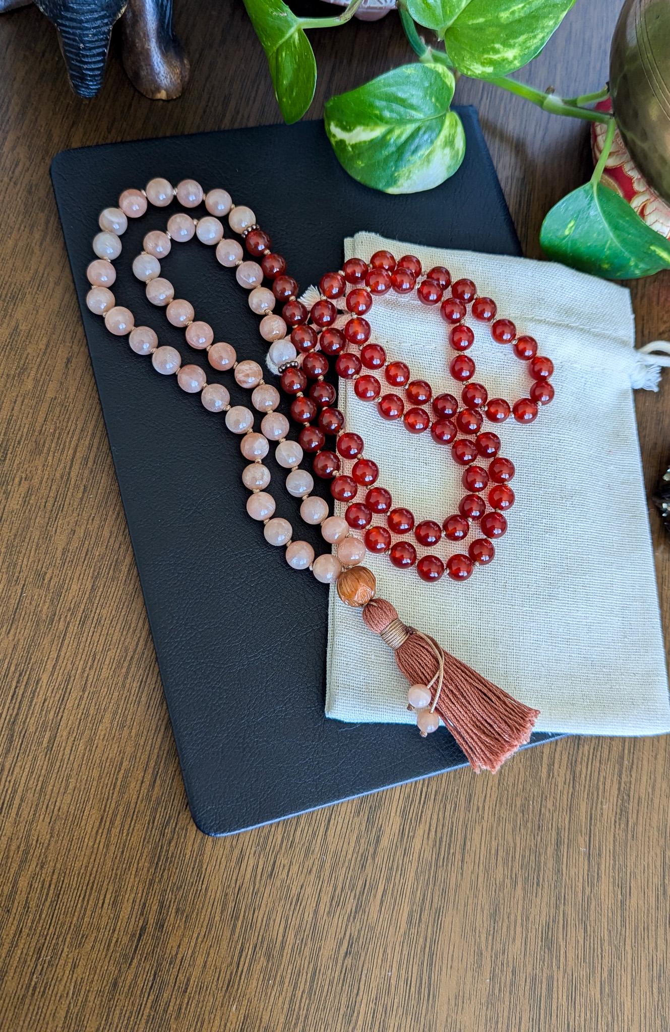 Carnelian & Peach Moonstone 108-Bead Mala  Ignite Passion, Creativity, and Inner Strength, 108 Japa Mala for Meditation and Yoga
