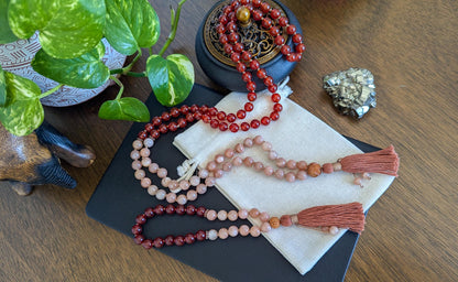 Carnelian & Peach Moonstone 108-Bead Mala  Ignite Passion, Creativity, and Inner Strength, 108 Japa Mala for Meditation and Yoga