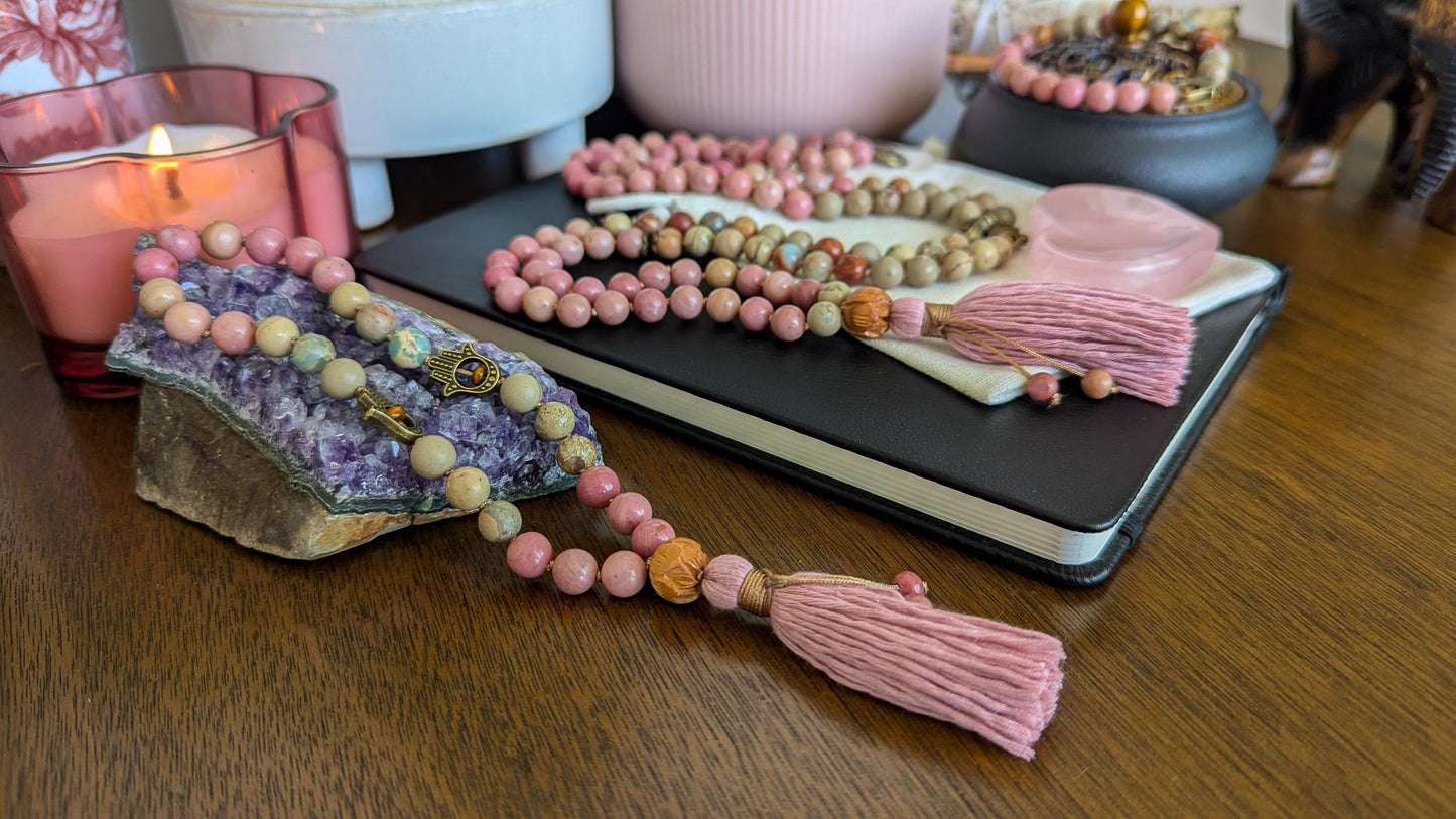 Healing Love Mala, Rhodochrosite & Serpentine 108 Bead Mala  Reiki Infused Healing Necklace for Meditation and Energy Balance