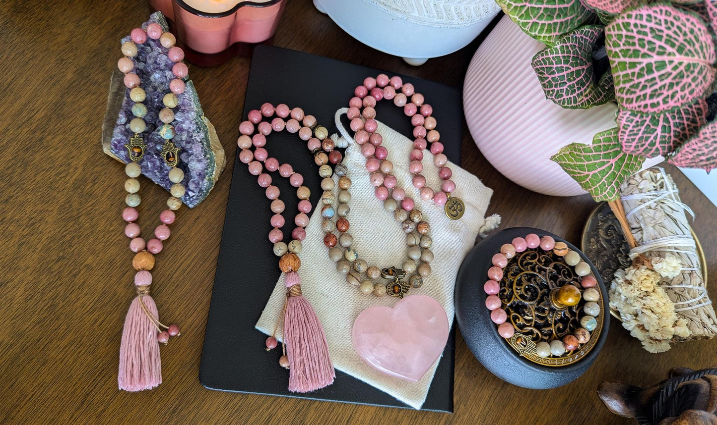 Healing Love Mala, Rhodochrosite & Serpentine 108 Bead Mala  Reiki Infused Healing Necklace for Meditation and Energy Balance