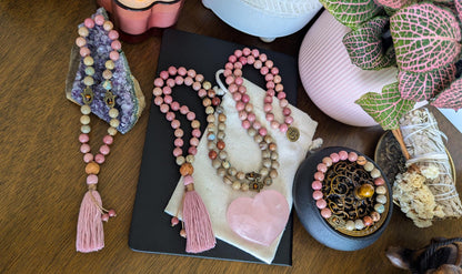 Healing Love Mala, Rhodochrosite & Serpentine 108 Bead Mala  Reiki Infused Healing Necklace for Meditation and Energy Balance