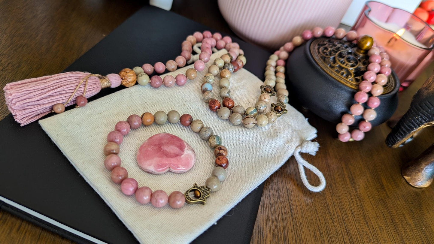 Healing Love Mala, Rhodochrosite & Serpentine 108 Bead Mala  Reiki Infused Healing Necklace for Meditation and Energy Balance
