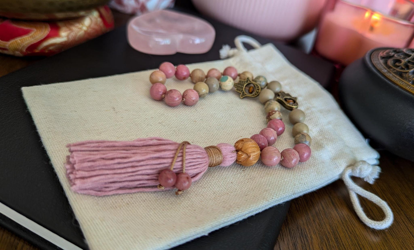 Healing Love Mala, Rhodochrosite & Serpentine 108 Bead Mala  Reiki Infused Healing Necklace for Meditation and Energy Balance