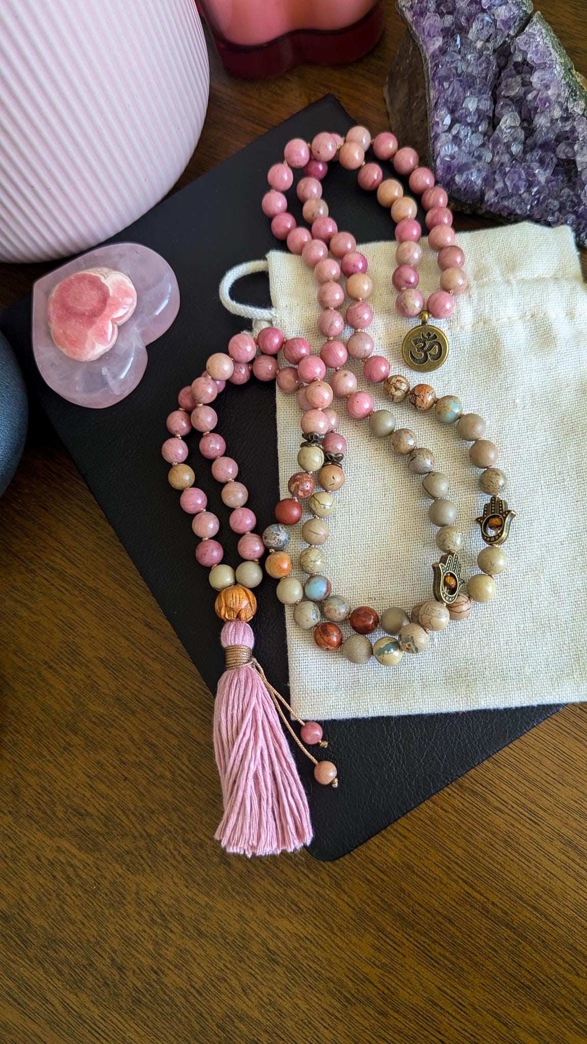 Healing Love Mala, Rhodochrosite & Serpentine 108 Bead Mala  Reiki Infused Healing Necklace for Meditation and Energy Balance