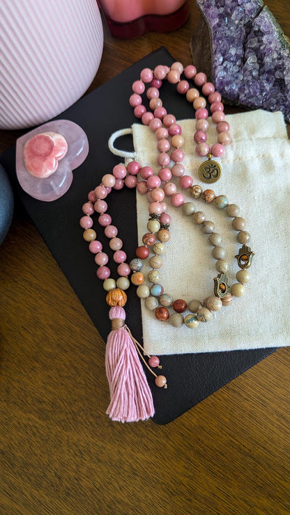 Healing Love Mala, Rhodochrosite & Serpentine 108 Bead Mala  Reiki Infused Healing Necklace for Meditation and Energy Balance