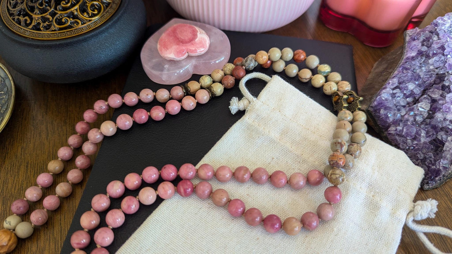 Healing Love Mala, Rhodochrosite & Serpentine 108 Bead Mala  Reiki Infused Healing Necklace for Meditation and Energy Balance