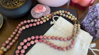 Healing Love Mala, Rhodochrosite & Serpentine 108 Bead Mala  Reiki Infused Healing Necklace for Meditation and Energy Balance