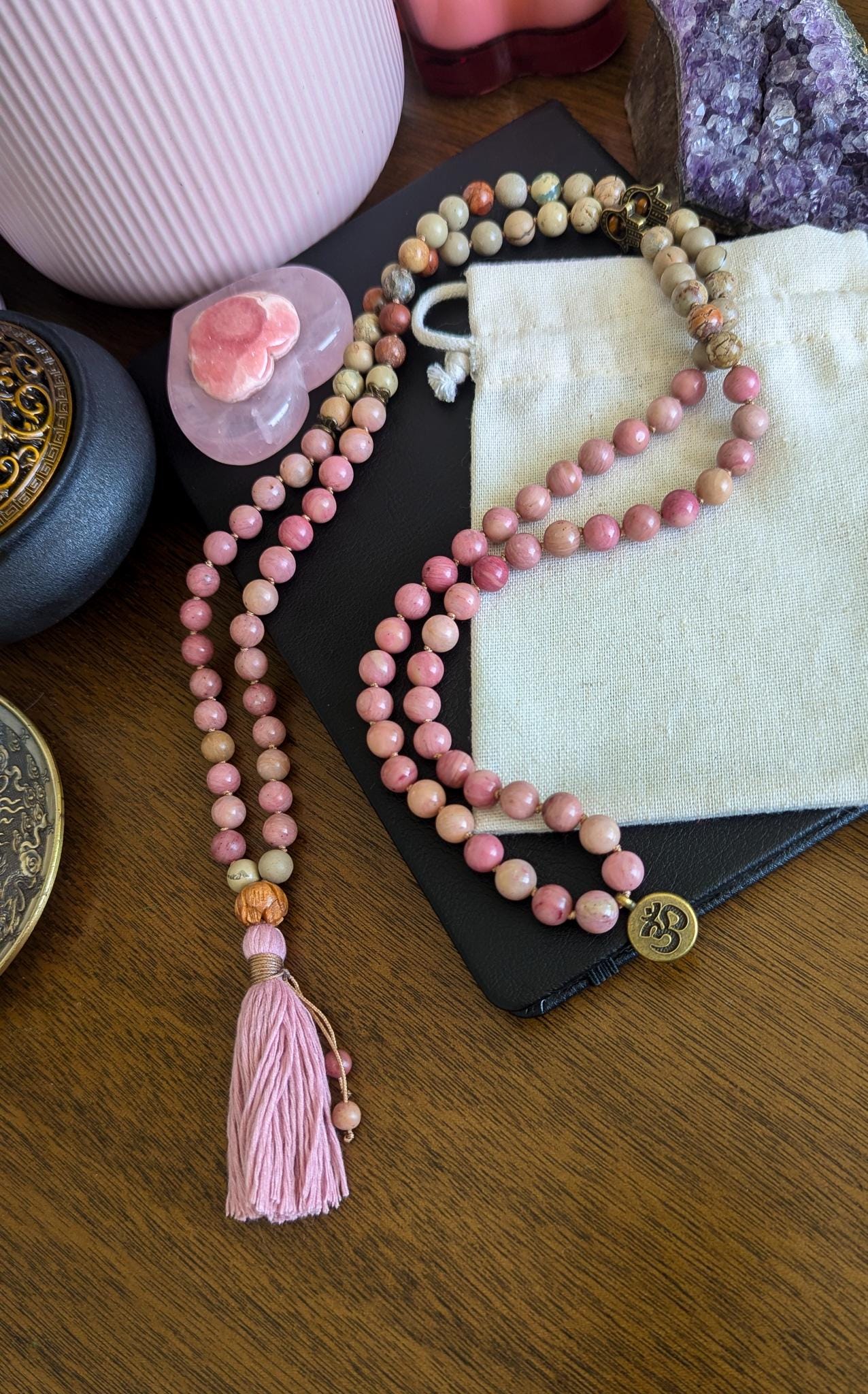 Healing Love Mala, Rhodochrosite & Serpentine 108 Bead Mala  Reiki Infused Healing Necklace for Meditation and Energy Balance