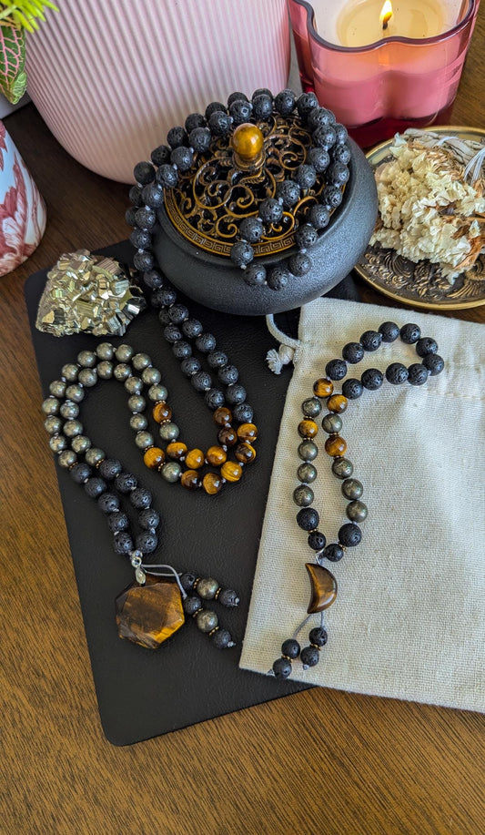 Power & Protection Tigers Eye Mala  108 Beads Lava Rock, Pyrite and Tigers Eye Necklace, Japa Mala for Meditation and Grounding
