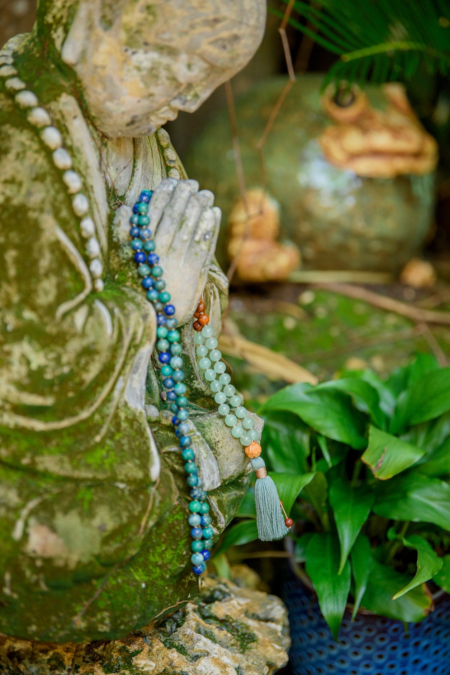 Azurite Aventurine Sandalwood Mala, Meditation Beads, Third Eye Mala