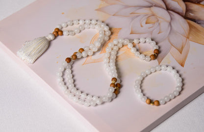 White Jade & Tulsi Wood Mala Beads, 108 Beads Meditation Necklace, Reiki Infused Japa Mala for Prayer