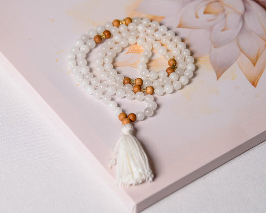 White Jade & Tulsi Wood Mala Beads, 108 Beads Meditation Necklace, Reiki Infused Japa Mala for Prayer