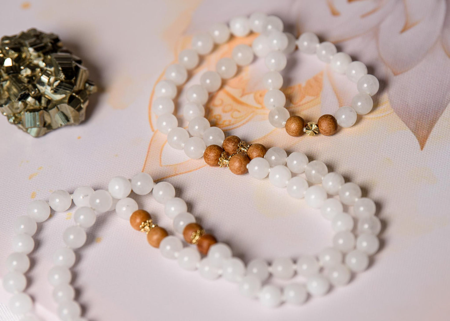White Jade & Tulsi Wood Mala Beads, 108 Beads Meditation Necklace, Reiki Infused Japa Mala for Prayer