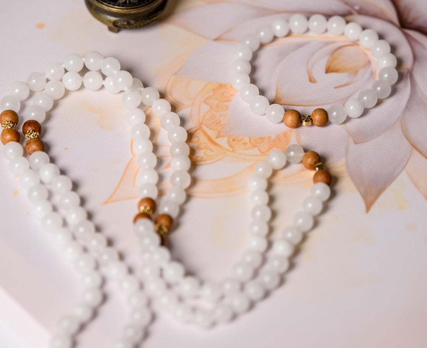 White Jade & Tulsi Wood Mala Beads, 108 Beads Meditation Necklace, Reiki Infused Japa Mala for Prayer