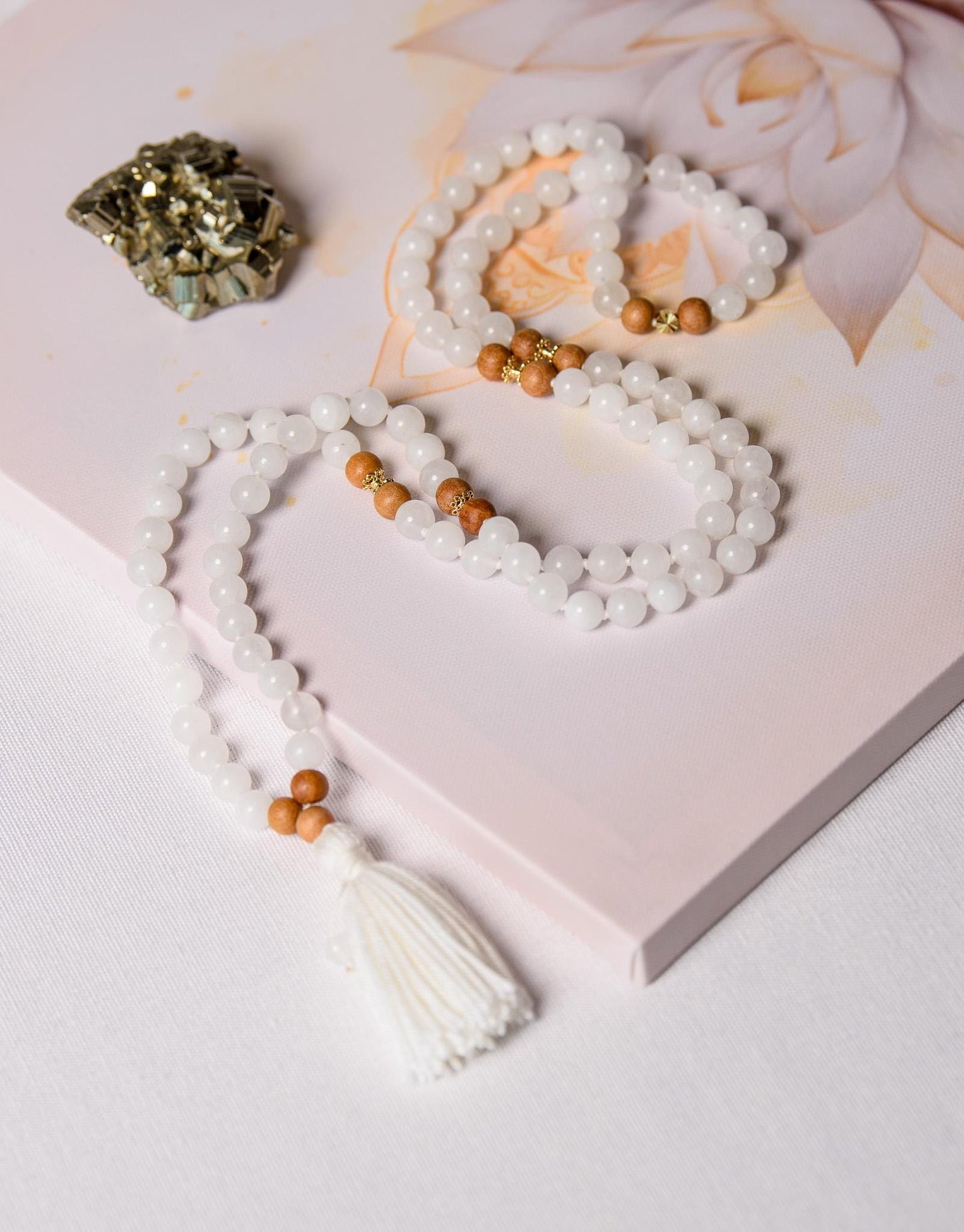 White Jade & Tulsi Wood Mala Beads, 108 Beads Meditation Necklace, Reiki Infused Japa Mala for Prayer
