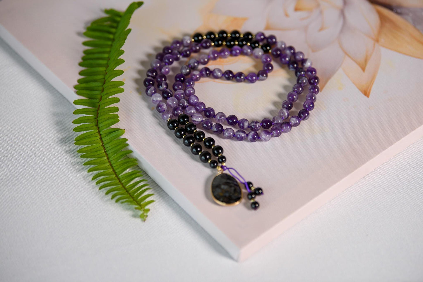 Amethyst & Tourmaline Mala Beads  108 Reiki-Infused Meditation Necklace with Tourmaline Pendant