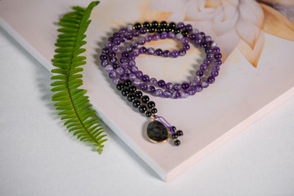 Amethyst & Tourmaline Mala Beads  108 Reiki-Infused Meditation Necklace with Tourmaline Pendant