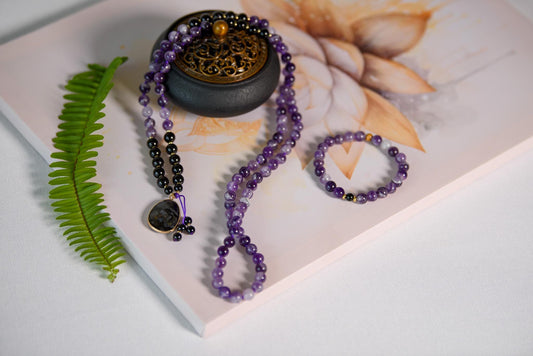 Amethyst & Tourmaline Mala Beads  108 Reiki-Infused Meditation Necklace with Tourmaline Pendant