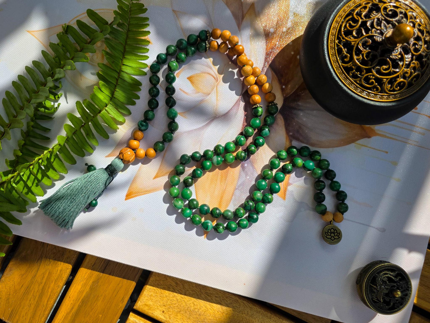 Jade and Tulsi Wood Mala Beads  108 Hand-Knotted Reiki-Infused Meditation Necklace, Spiritual Prayer Beads for Healing & Mindfulness