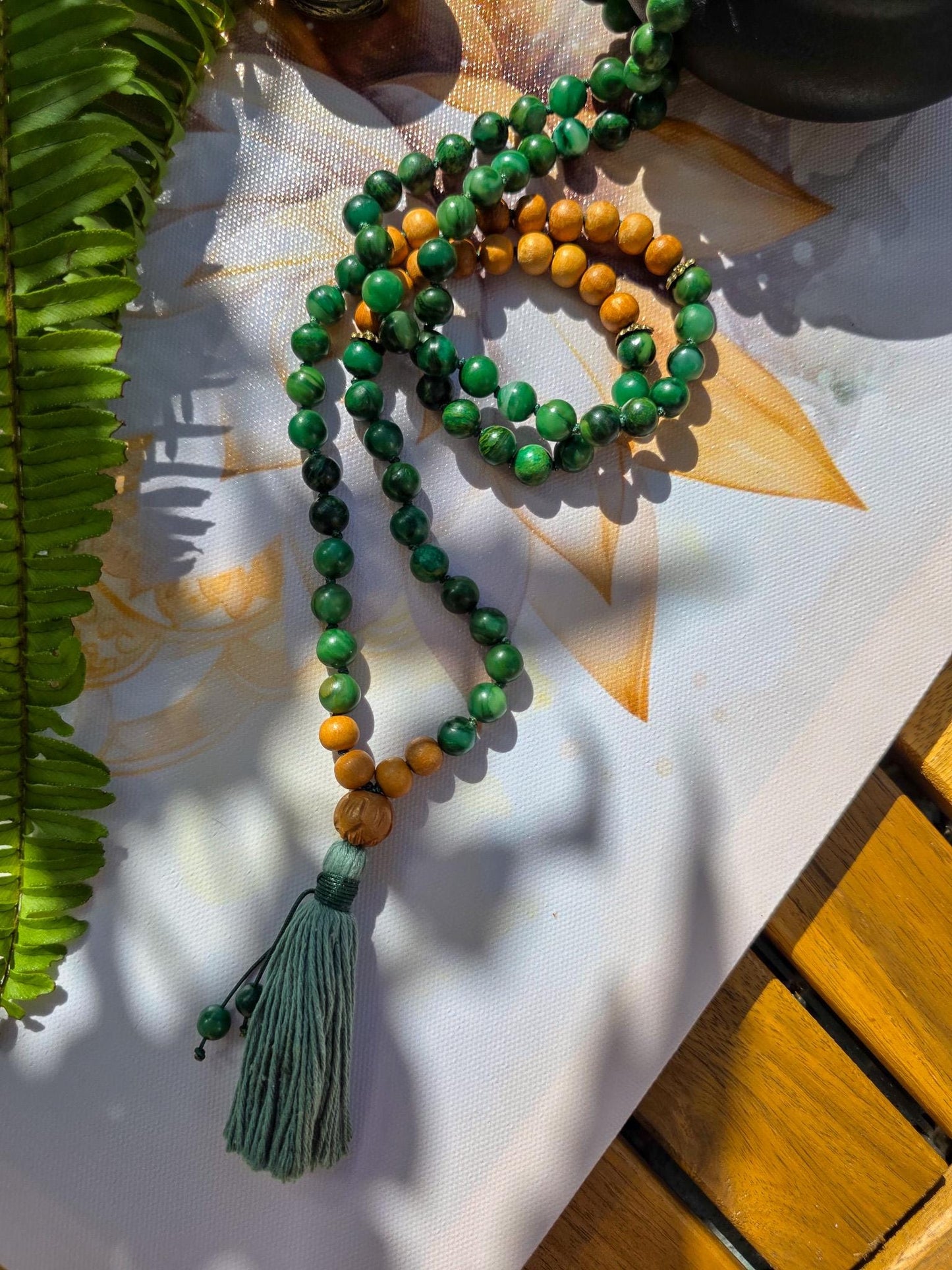 Jade and Tulsi Wood Mala Beads  108 Hand-Knotted Reiki-Infused Meditation Necklace, Spiritual Prayer Beads for Healing & Mindfulness