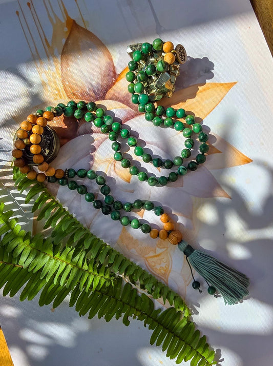Jade and Tulsi Wood Mala Beads  108 Hand-Knotted Reiki-Infused Meditation Necklace, Spiritual Prayer Beads for Healing & Mindfulness