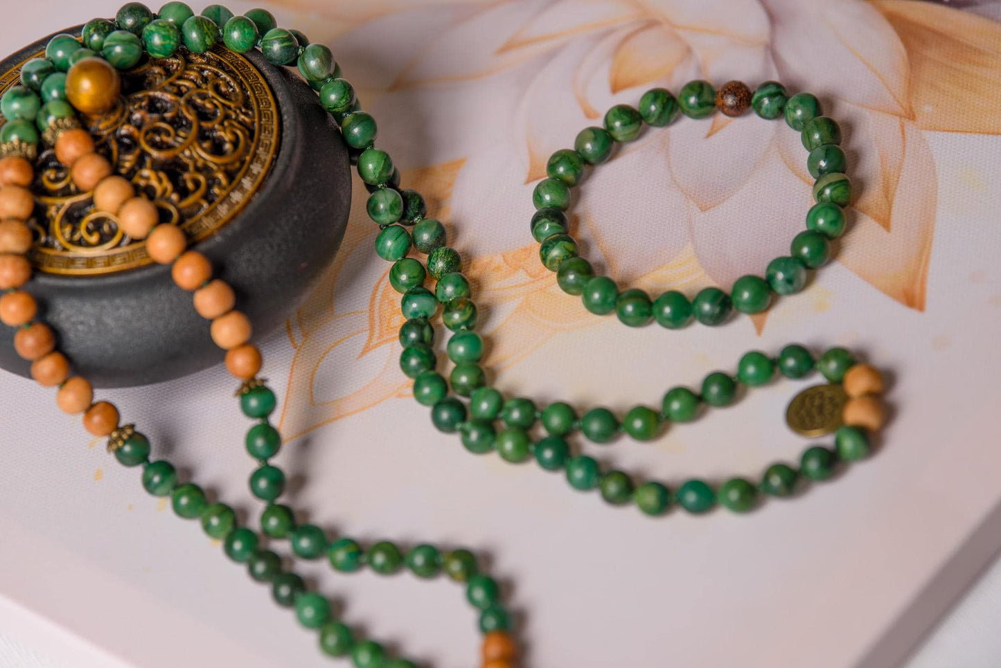 Jade and Tulsi Wood Mala Beads  108 Hand-Knotted Reiki-Infused Meditation Necklace, Spiritual Prayer Beads for Healing & Mindfulness