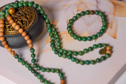 Jade and Tulsi Wood Mala Beads  108 Hand-Knotted Reiki-Infused Meditation Necklace, Spiritual Prayer Beads for Healing & Mindfulness