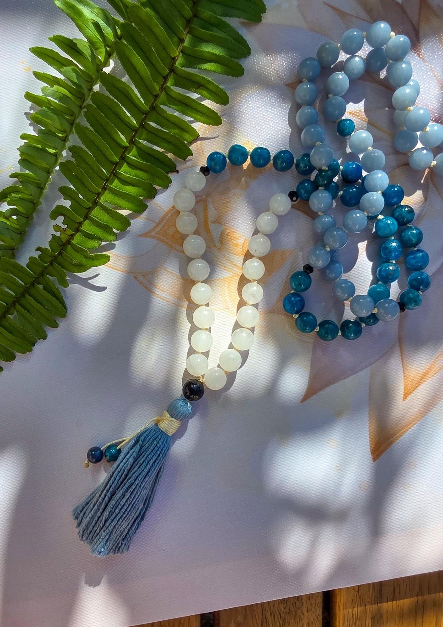 Angelite, Apatite & White Jade Japa Mala  108 Reiki-Charged Beads | Handmade Meditation Necklace for Healing