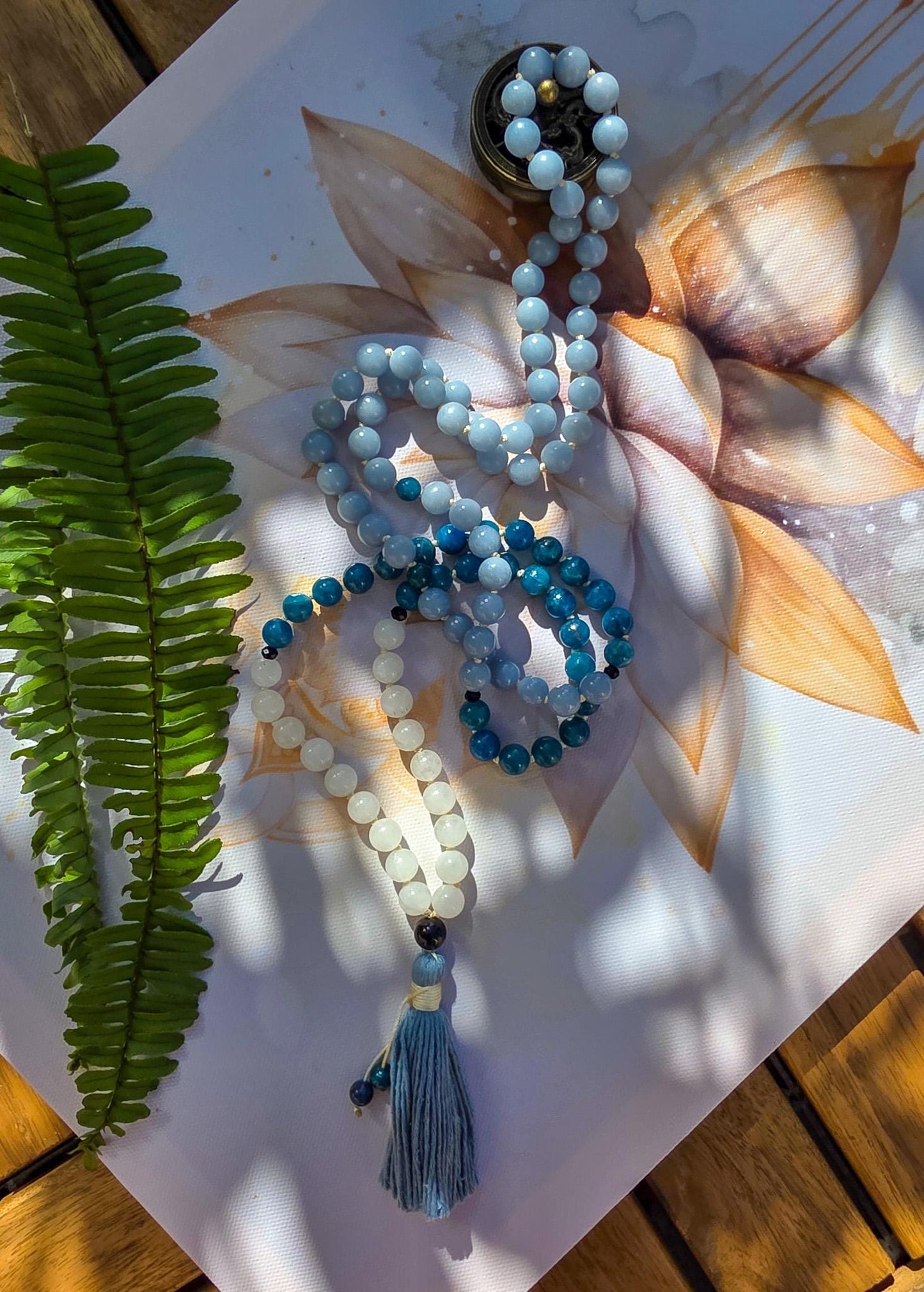 Angelite, Apatite & White Jade Japa Mala  108 Reiki-Charged Beads | Handmade Meditation Necklace for Healing