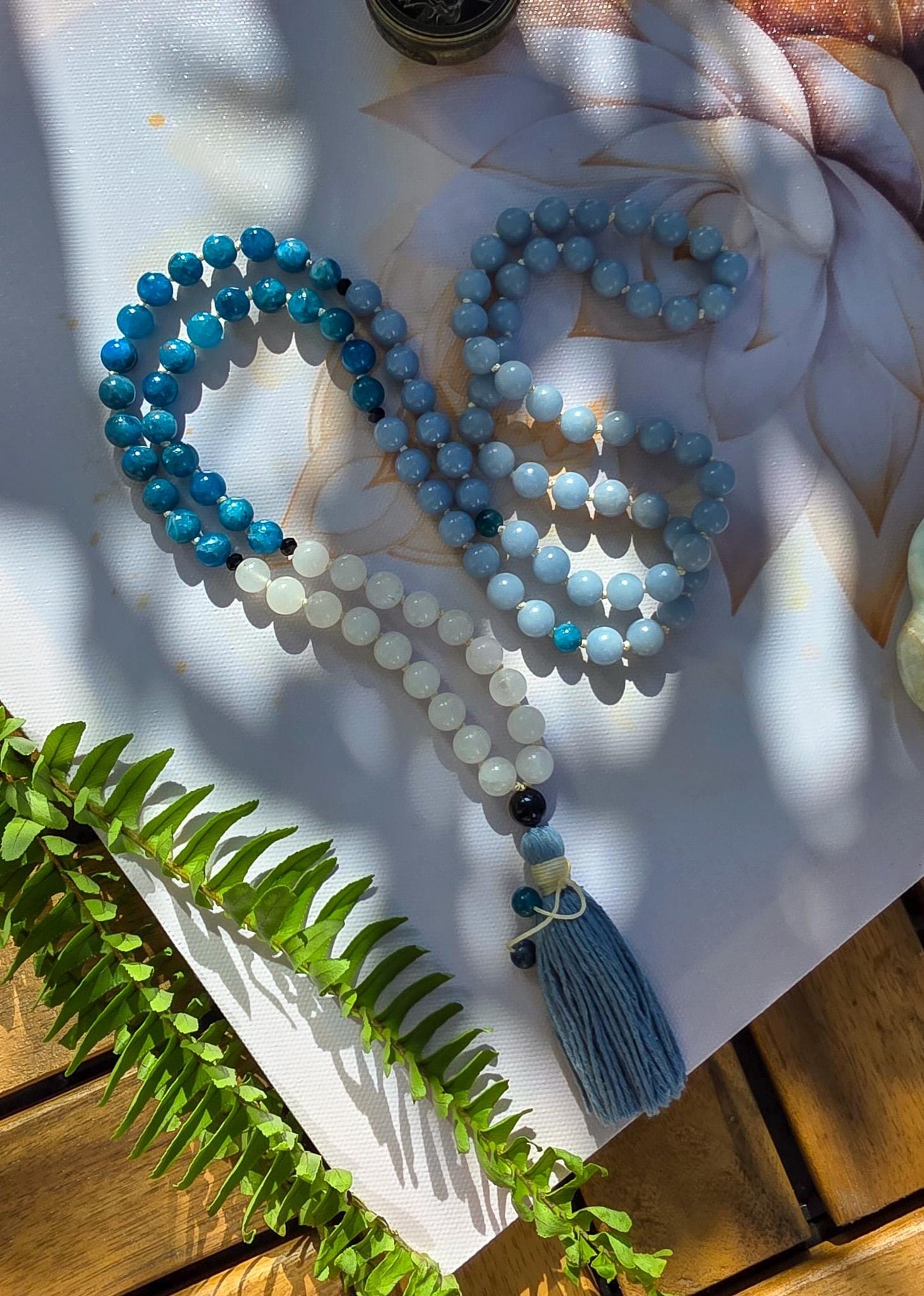 Angelite, Apatite & White Jade Japa Mala  108 Reiki-Charged Beads | Handmade Meditation Necklace for Healing