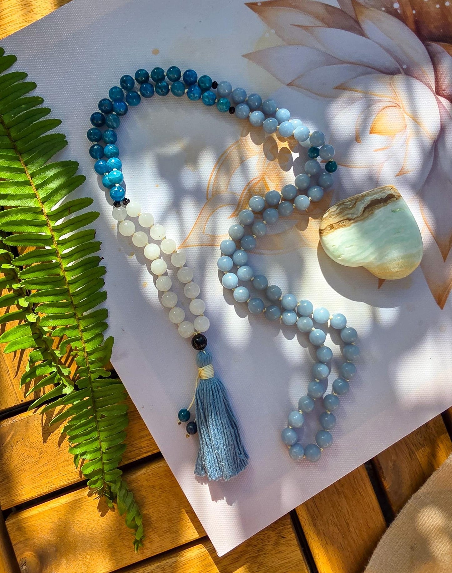 Angelite, Apatite & White Jade Japa Mala  108 Reiki-Charged Beads | Handmade Meditation Necklace for Healing