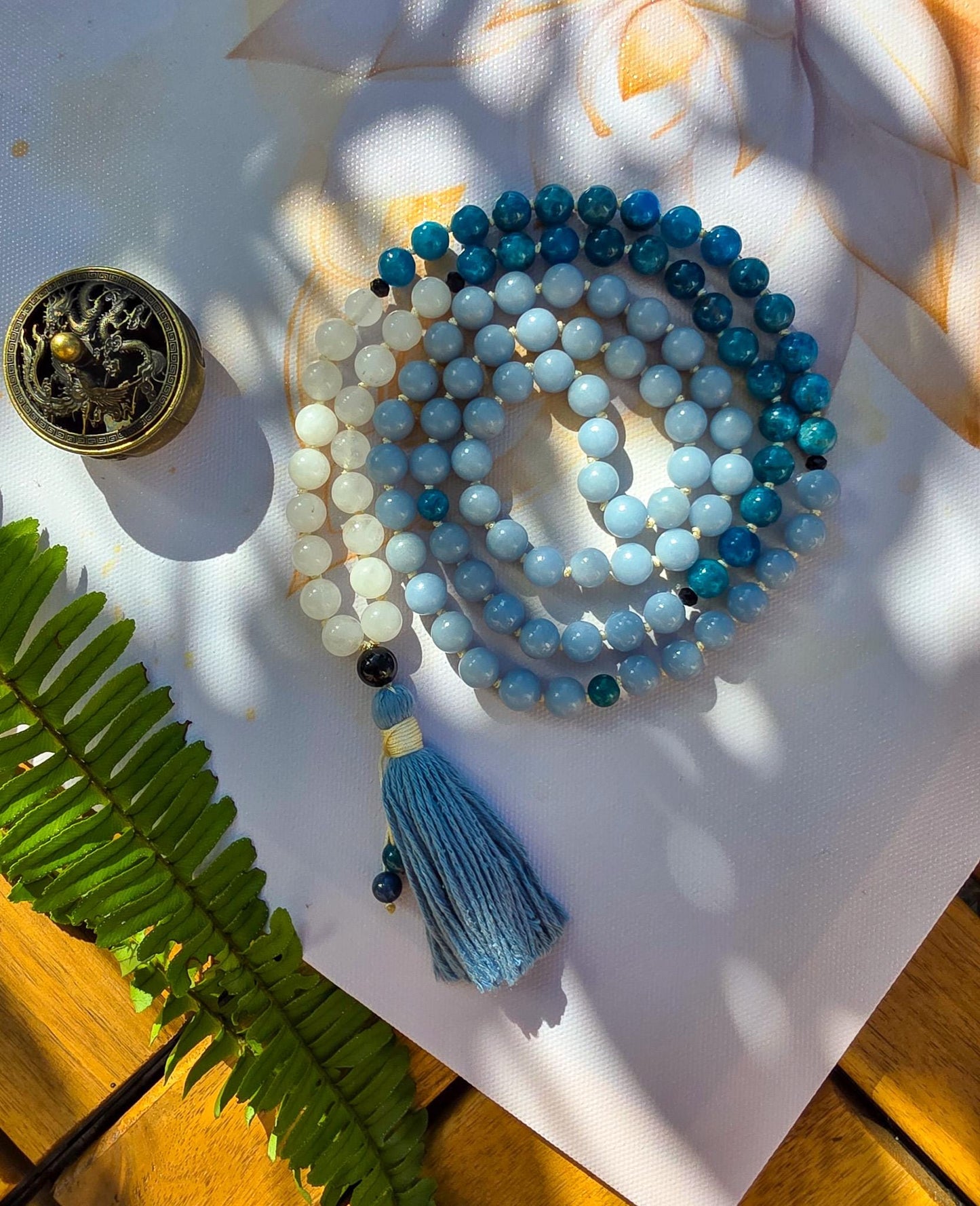 Angelite, Apatite & White Jade Japa Mala  108 Reiki-Charged Beads | Handmade Meditation Necklace for Healing