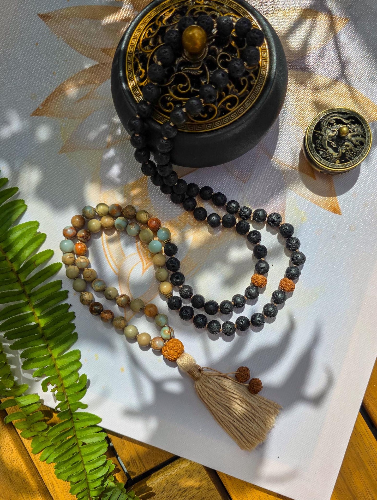 Lava Rock & Serpentine Mala Beads  108 Hand-Knotted Reiki-Infused Meditation Necklace with Bamboo Tassel