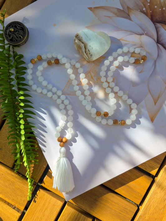 White Mala Beads  108 Hand-Knotted Reiki-Infused Meditation Necklace | Sacred Japa Mala for Prayer & Healing