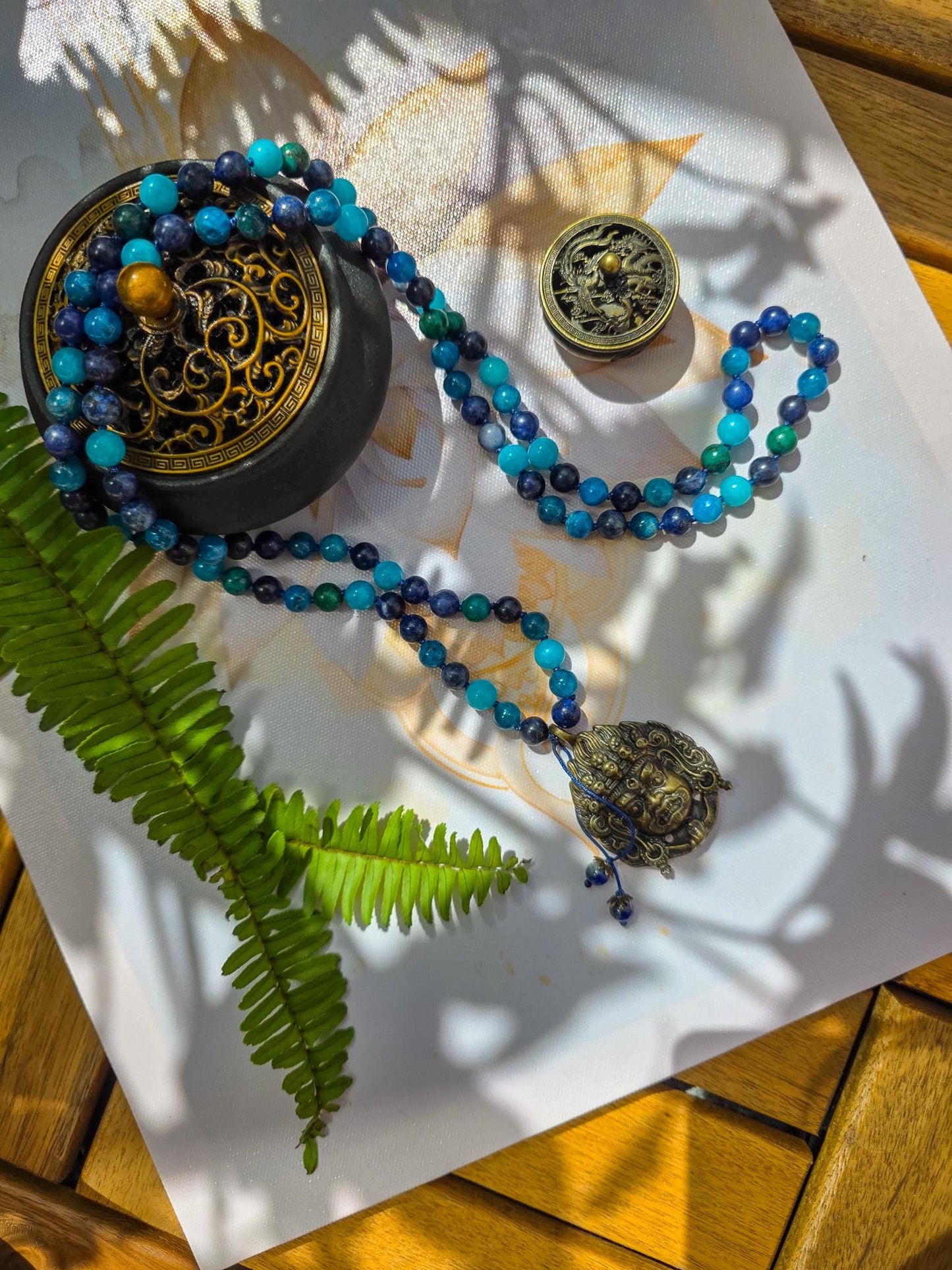 Protection Mala  108 Apatite, Azurite, Sodalite, Amazonite & Lapis Lazuli Beads with Brass Pendant | Reiki-Infused Meditation Necklace