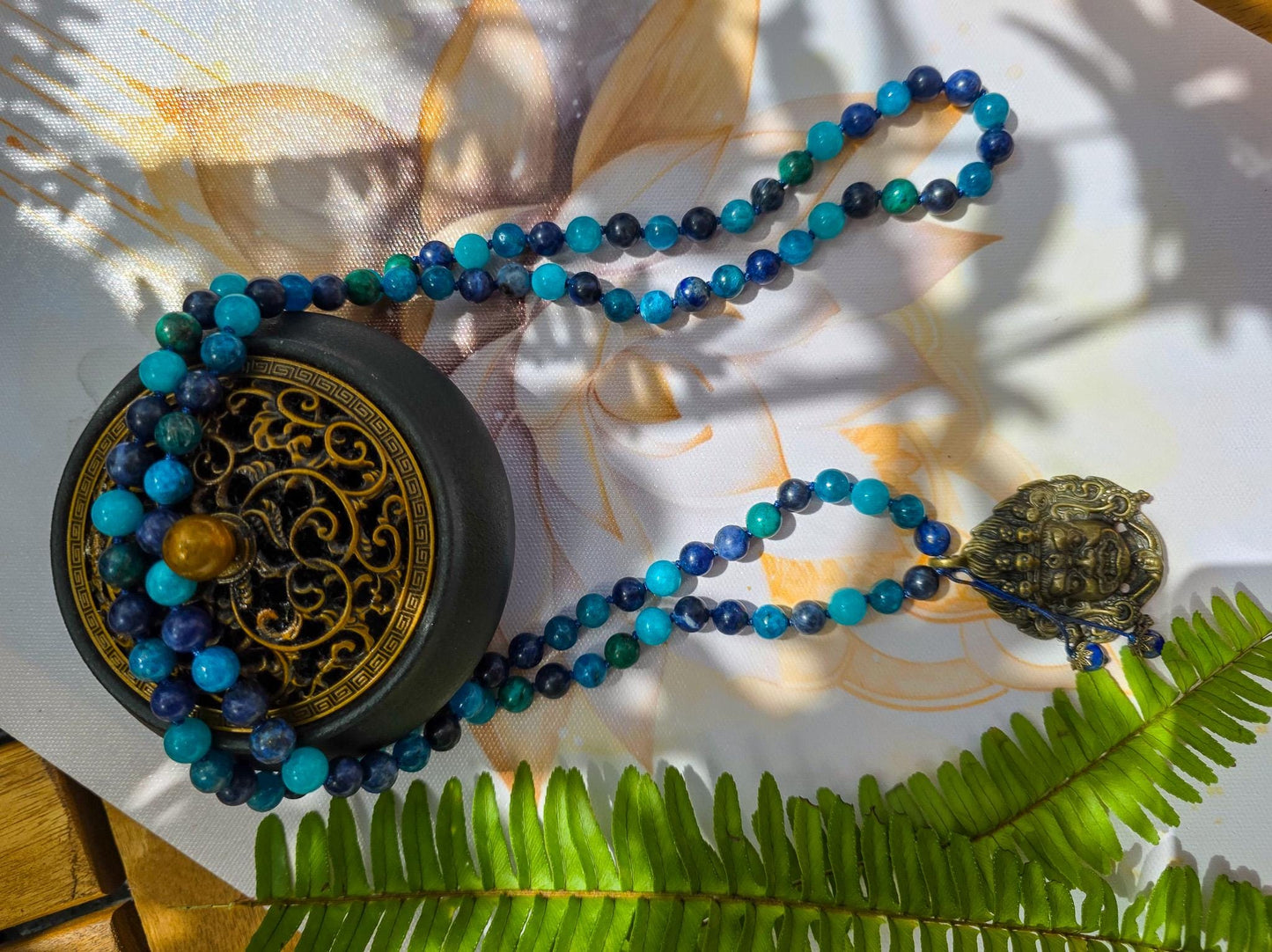 Protection Mala  108 Apatite, Azurite, Sodalite, Amazonite & Lapis Lazuli Beads with Brass Pendant | Reiki-Infused Meditation Necklace
