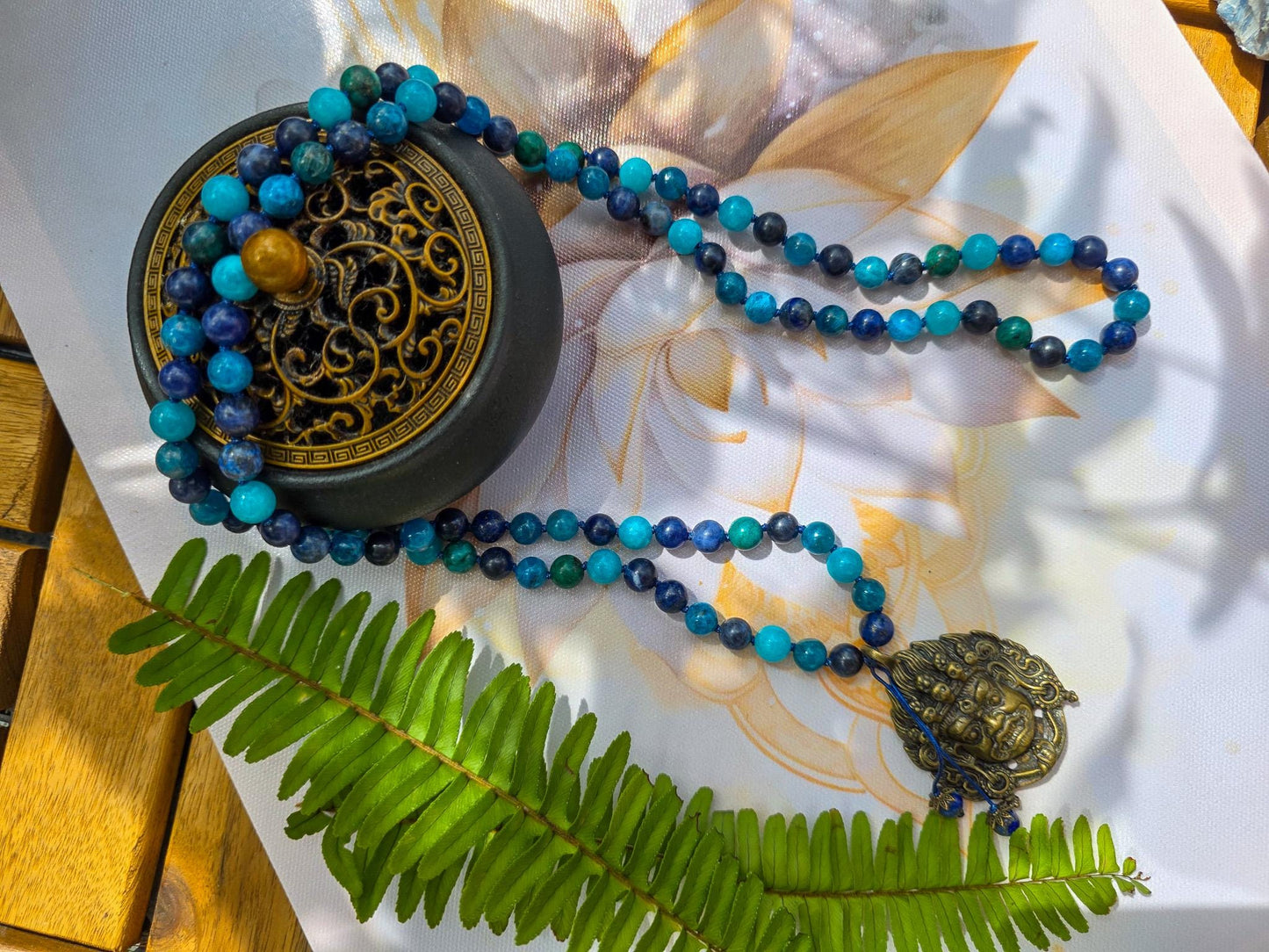 Protection Mala  108 Apatite, Azurite, Sodalite, Amazonite & Lapis Lazuli Beads with Brass Pendant | Reiki-Infused Meditation Necklace